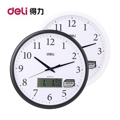 得力(deli)8951白色掛鐘   日常生活類電器大時(shí)鐘居家辦公大號掛鐘帶日歷溫度顯示萬年歷液晶電子鐘