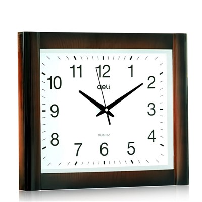 得力(deli方形 掛鐘 9008  日常生活類電器  客廳掛式鐘表 古典方形木紋掛鐘