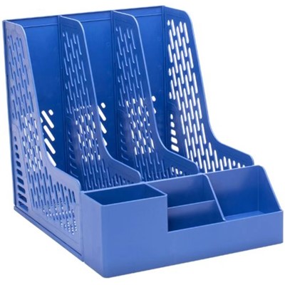 得力(deli)四聯(lián)帶筆筒收納桌面文件框 多功能鏤文件框/資料筐 藍(lán)色78981